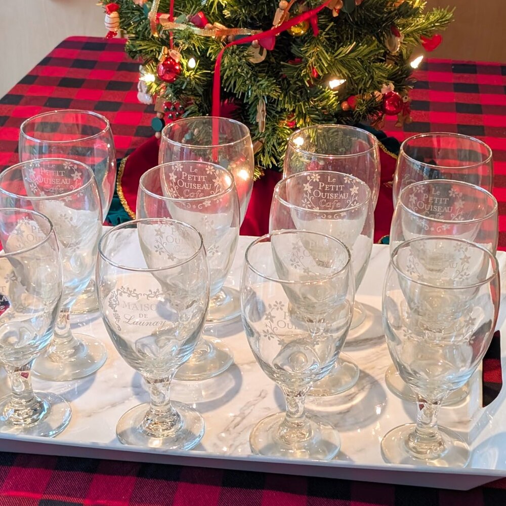 12 Pottery Barn 12 ounce French Cafe Le Petit Oiseau Goblets NEW!